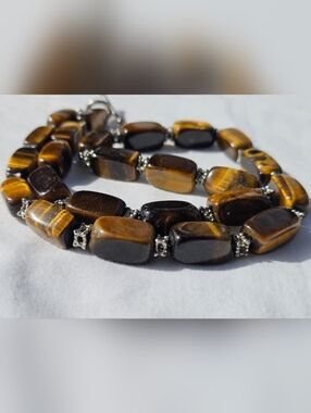 Tiger Eye Gemstone Beaded Necklace Chunky Brown Gold Natural Stone Statement